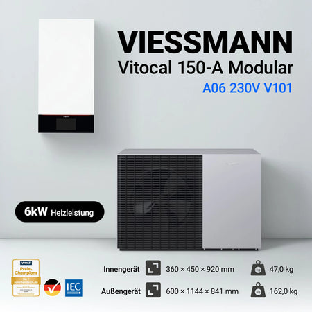Energieeffizientes Heizsystem: Viessmann Vitocal 150-A (A06, 230V) Wärmepumpe mit 6 kW Heizleistung und Montagehilfe Comfort für eine einfache Installation.