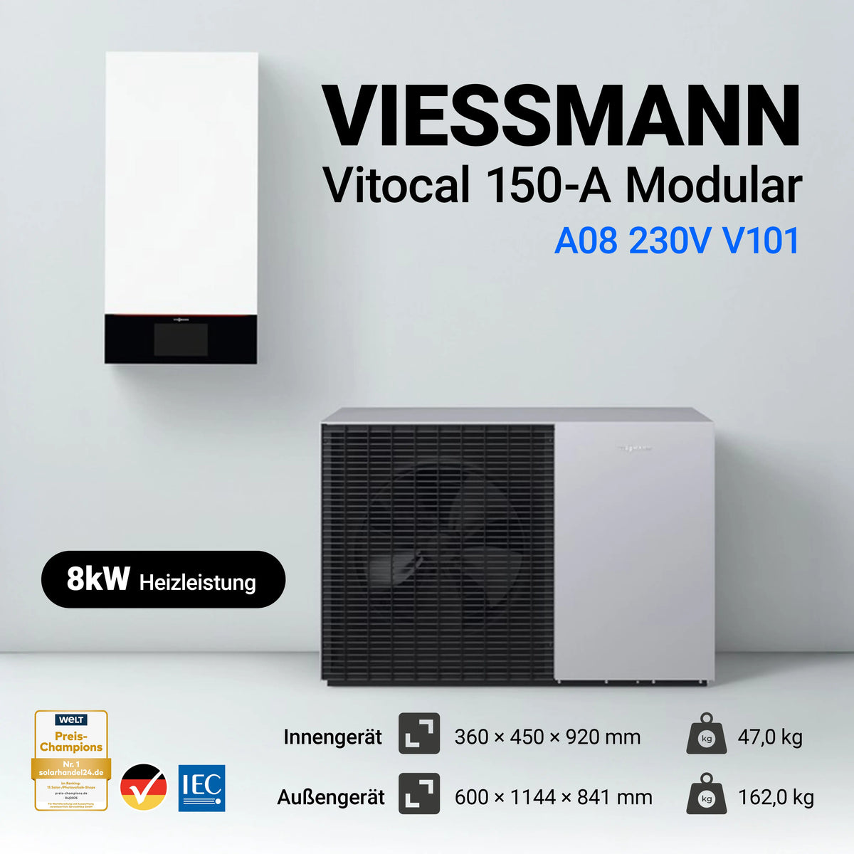 Infografik mit technischen Daten und Anschlüssen der Viessmann Vitocal 150-A Wärmepumpe (8 kW, 230V) inklusive Montagehilfe Comfort.