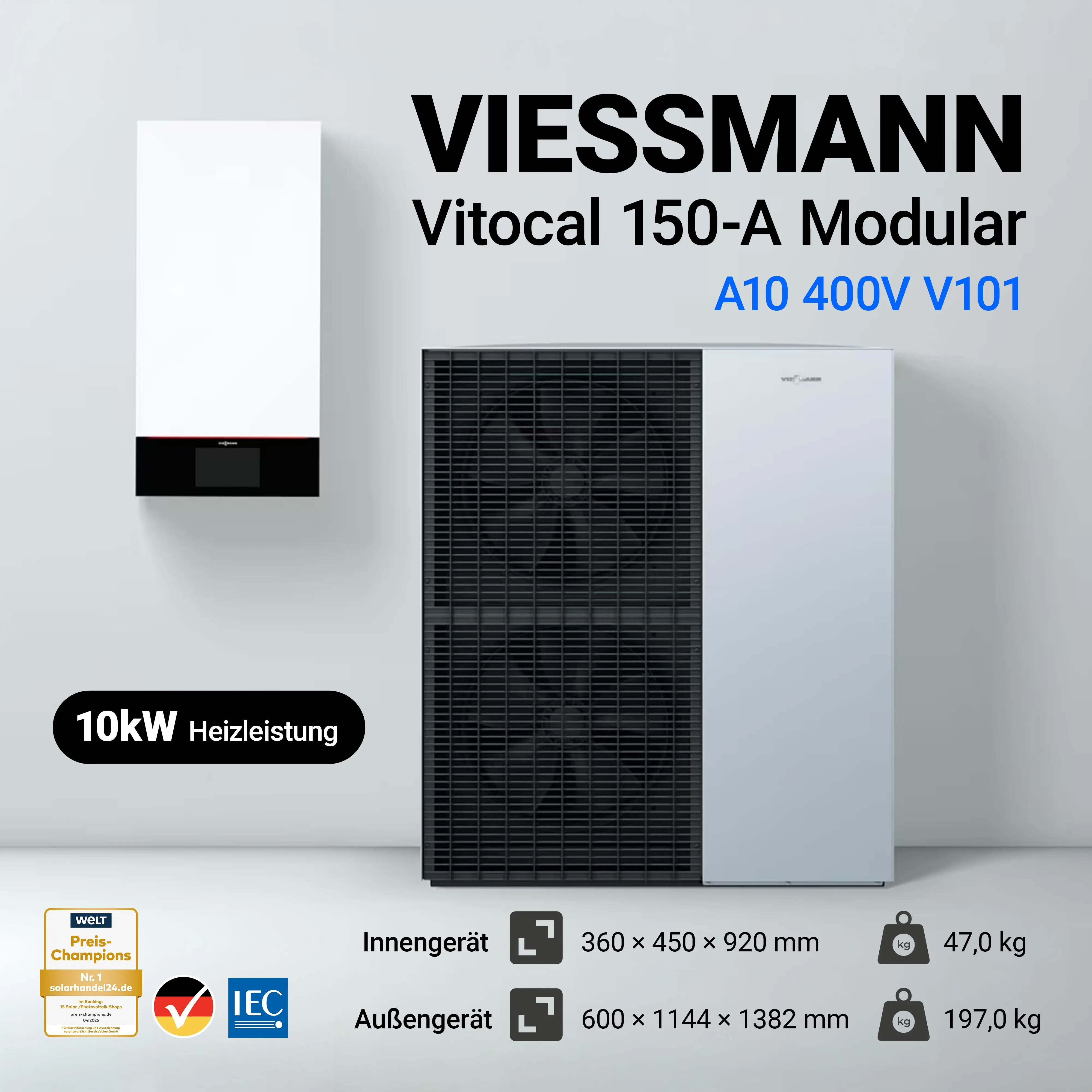 Infobild mit technischen Spezifikationen und Leistungsdaten der Viessmann Vitocal 150-A Wärmepumpe (10 kW, 400V, V101).