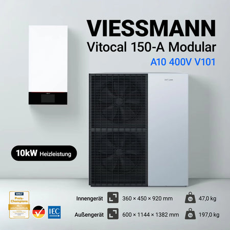 Infobild mit technischen Spezifikationen und Leistungsdaten der Viessmann Vitocal 150-A Wärmepumpe (10 kW, 400V, V101).