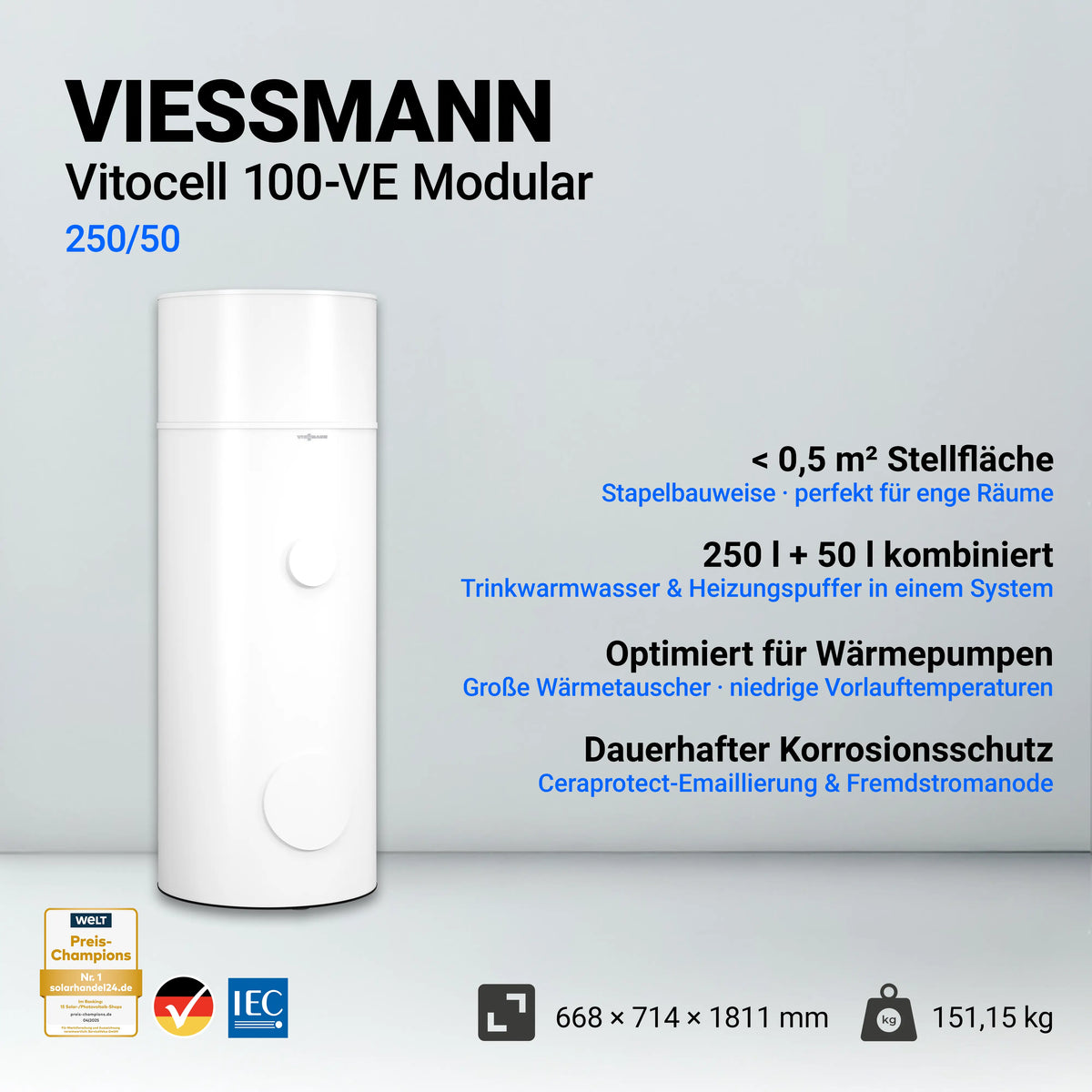 Infografik mit technischen Daten und Abmessungen des Viessmann Vitocell Modular 100-VE Wärmepumpenspeichers (250/50 Liter).