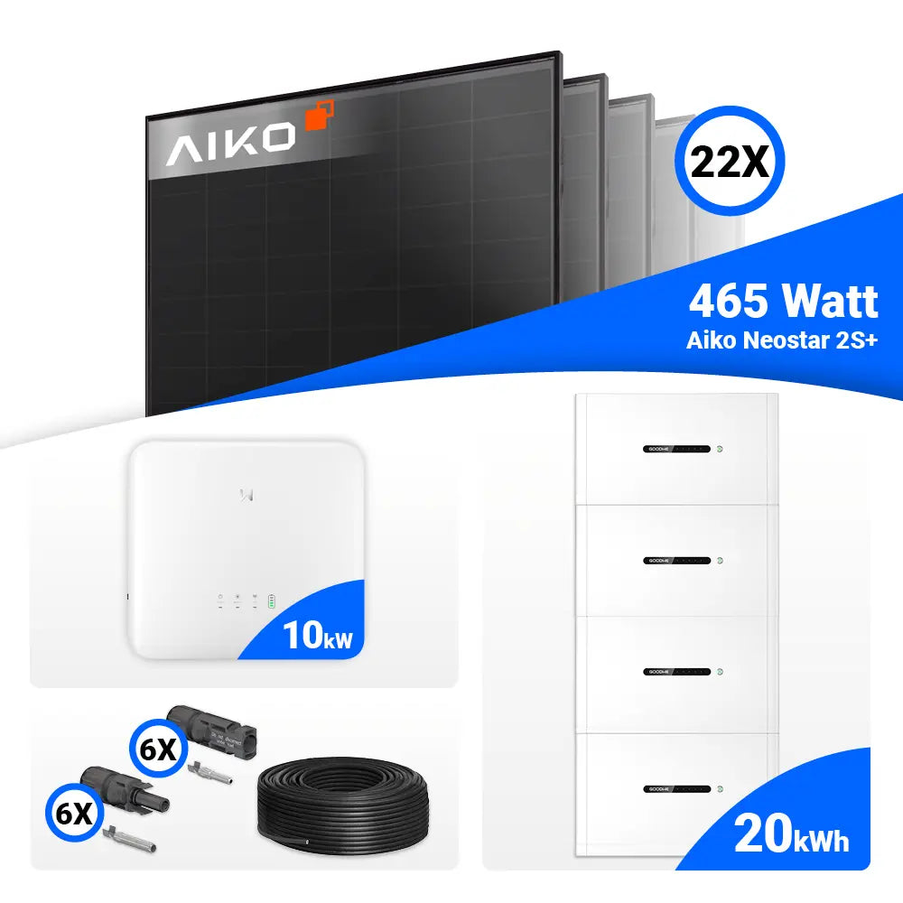 Photovoltaik-Komplettset 10 kWp mit 22 × AIKO Neostar 2S+ 465W Full Black Solarmodulen, GoodWe GW10K-ET-20 Hybridwechselrichter und 20 kWh GoodWe Lynx Home F Plus Speicher. PV-Komplettpaket mit großem Batteriespeicher für maximale Energieunabhängigkeit – erhältlich bei SH24.