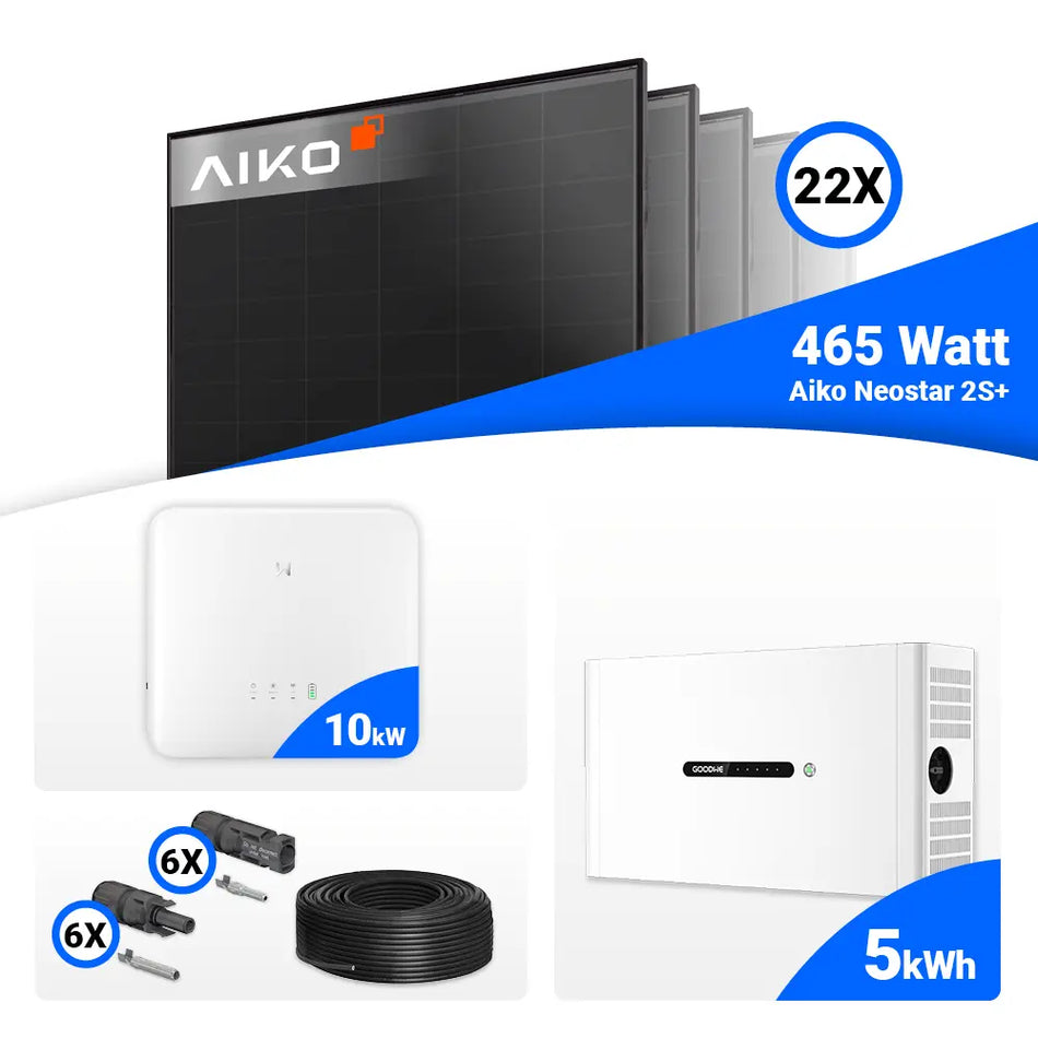 Photovoltaik-Komplettset 10 kWp mit 22 × AIKO Neostar 2S+ 465W Full Black Modulen, GoodWe GW10K-ET-20 Hybridwechselrichter und 5 kWh GoodWe Lynx Home F Plus Speicher. Effiziente Solaranlage mit Speicherlösung – ideal für Eigenverbrauch und Energieautarkie.