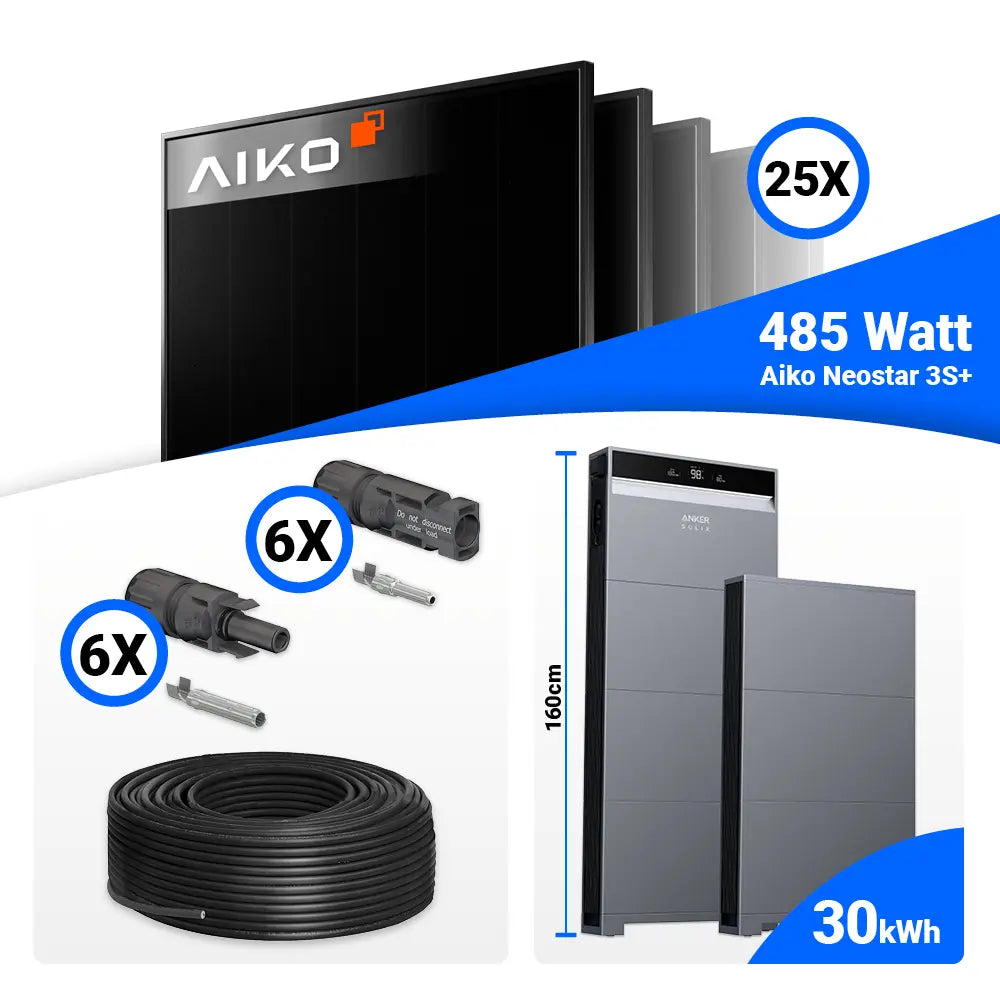 12 kWp PV Komplettset für maximale Autarkie mit 25x AIKO 485W, Anker X1-H12K-T und 30 kWh Speicherblock