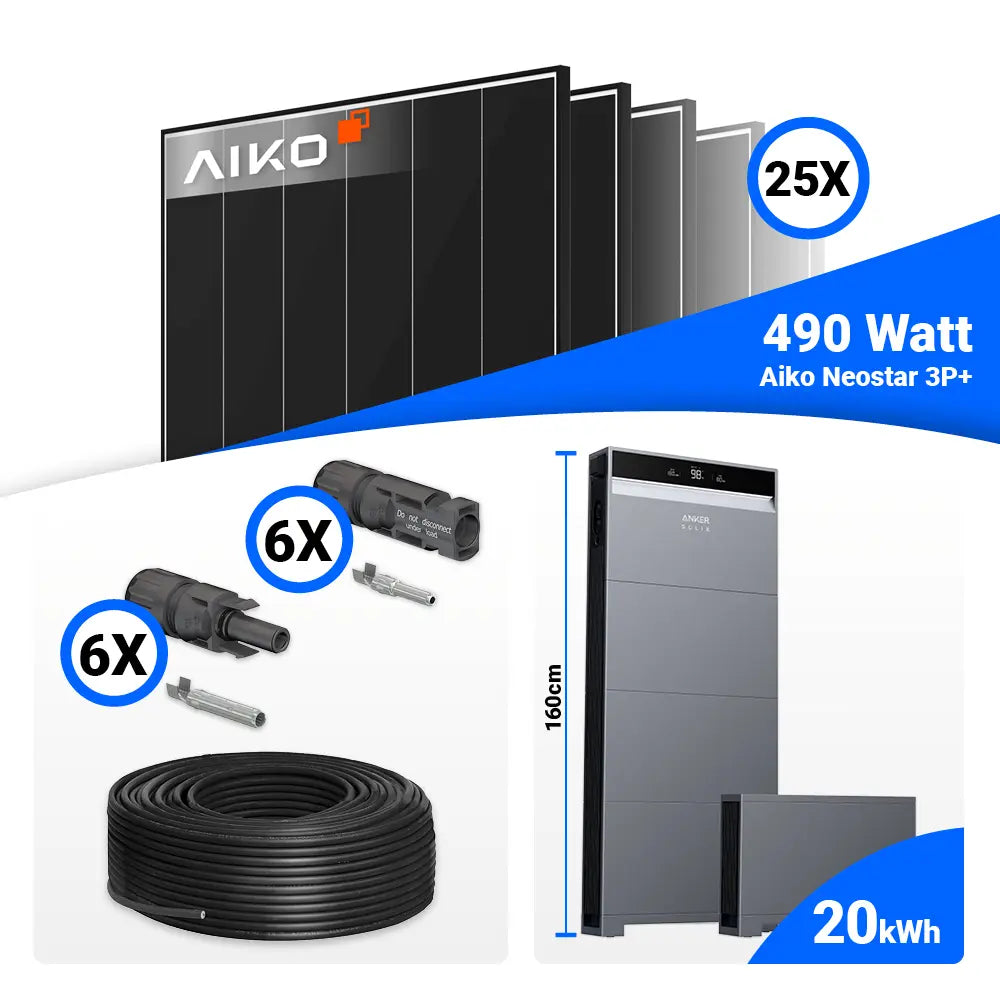 Solaranlage 12 kWp Komplettset AIKO 490W Black Frame + Anker X1-H12K-T mit Speicheroption