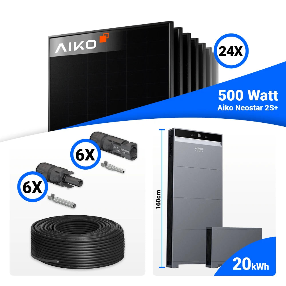Anker X1-H12K-T mit 20 kWh Stromspeicher im 12 kWp PV Komplettset mit 24x AIKO Full Black Modulen