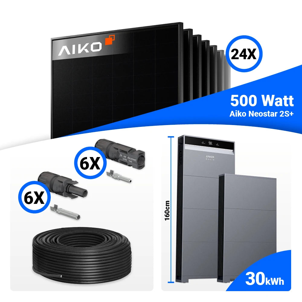 12 kWp PV Komplettset für maximale Autarkie mit 24x AIKO 500W, Anker X1-H12K-T und 30 kWh Speicherblock