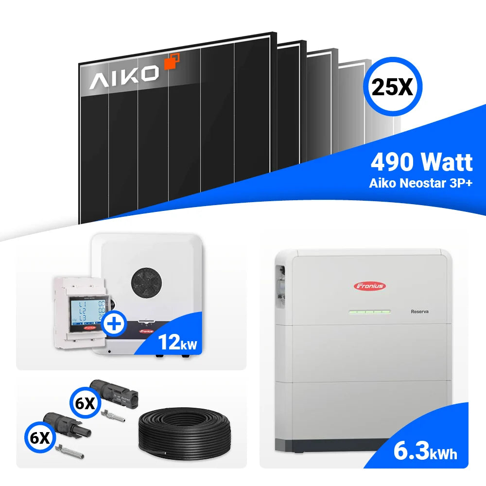 AIKO 490W Solarpanels im 25er Set für 12 kWp PV Installation mit Fronius Hybridtechnik