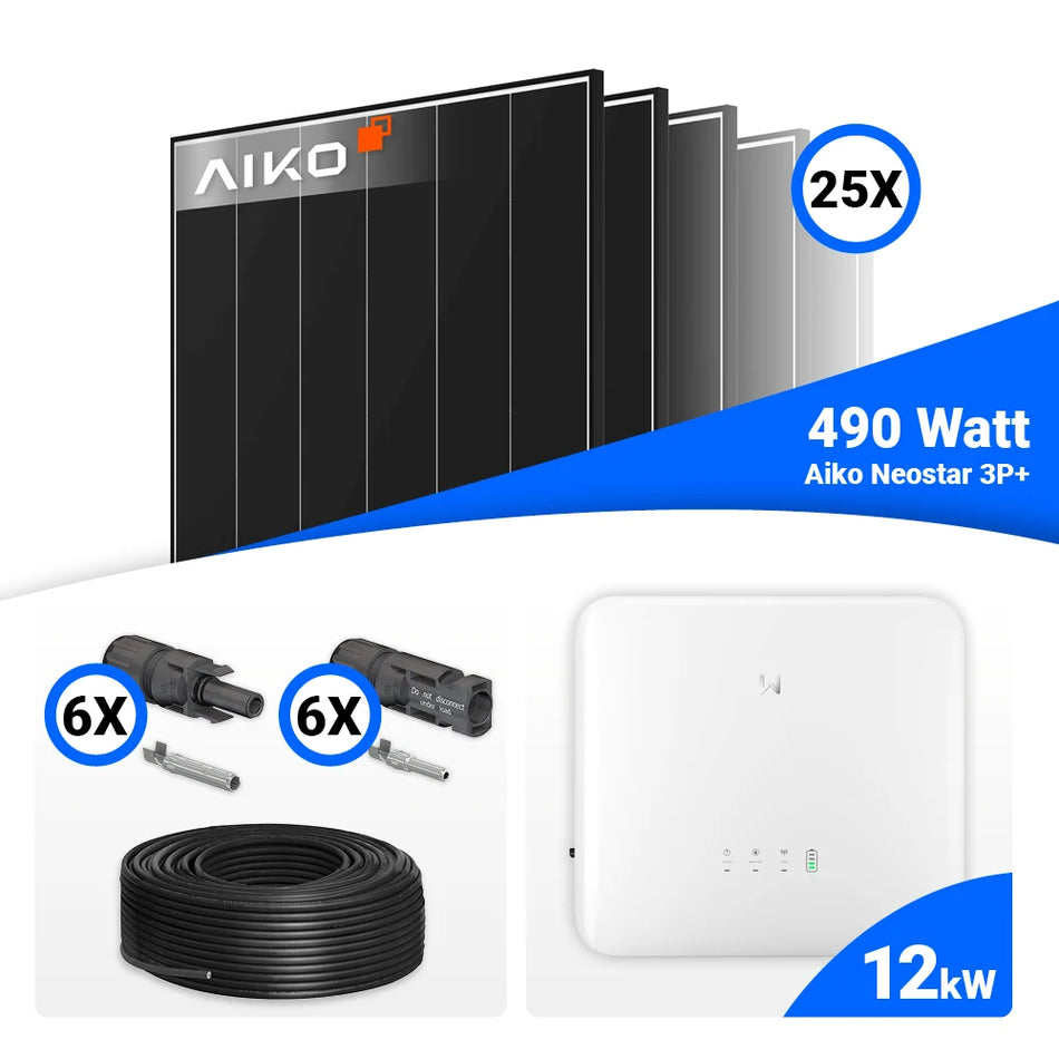 PV Komplettset 12 kWp – 25x AIKO 490W Black Frame & GoodWe GW12K-ET-20 mit Speicheroption