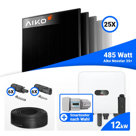 PV Komplettset 12 kWp mit AIKO 485W Full Black und Huawei MAP0
