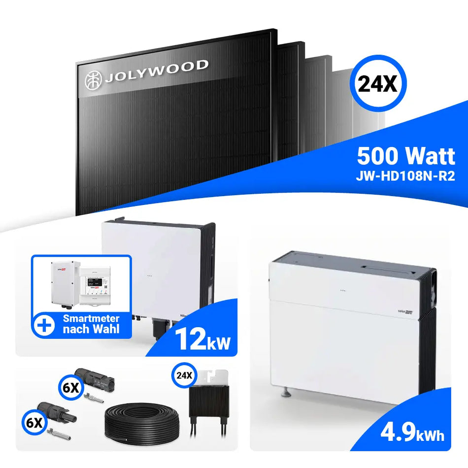 PV Komplettset 12 kWp Jolywood 500W Full Black & SolarEdge Nexis Battery Stack 5