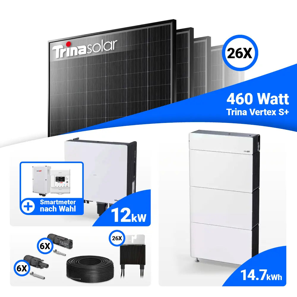 12 kWp PV-Komplettset mit Trina 465W Modulen und Speicher: SolarEdge Nexis Battery Stack 15