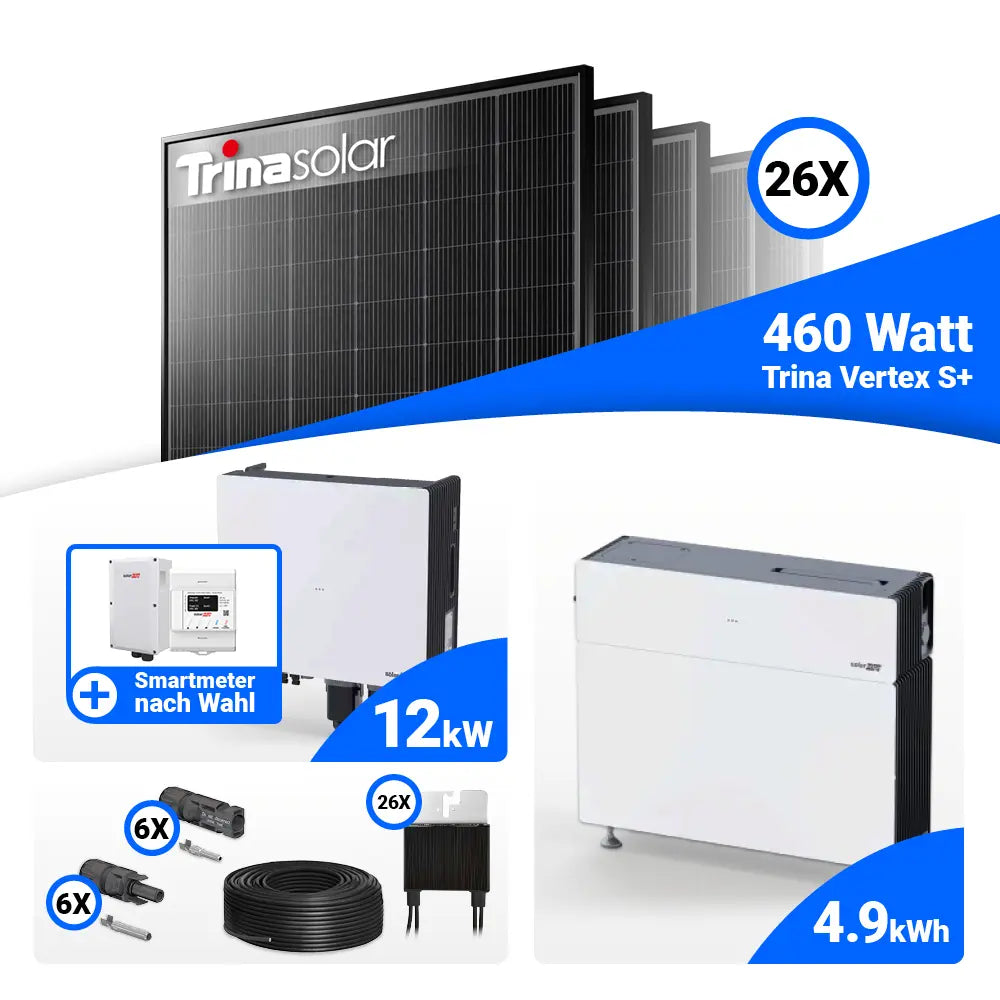 12 kWp PV-Komplettset mit Trina 465W Modulen und Speicher: SolarEdge Nexis Battery Stack 5