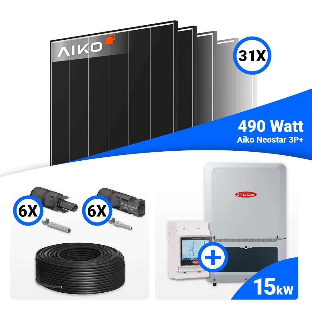 PV Komplettset 15 kWp mit 31 AIKO 490W Black Frame Solarmodulen und Fronius Verto Plus 15.0