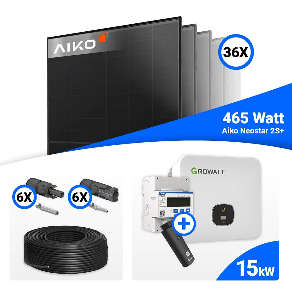 PV Komplettset 15 kWp mit 36x AIKO Neostar 2S+ 465W Full Black Solarmodulen und Growatt MOD 15KTL3-HU 15 kW Wechselrichter, Speicheroption möglich.