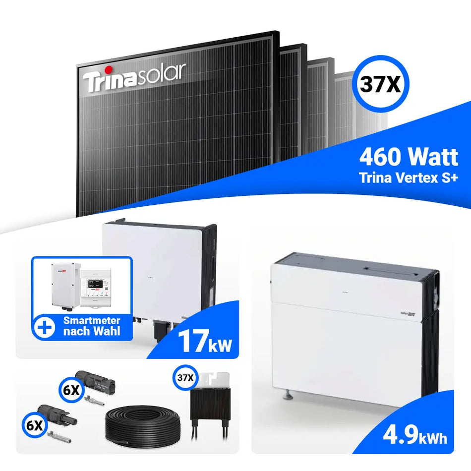 17 kWp PV-Komplettset mit Trina 465W Modulen und Speicher: SolarEdge Nexis Battery Stack 5