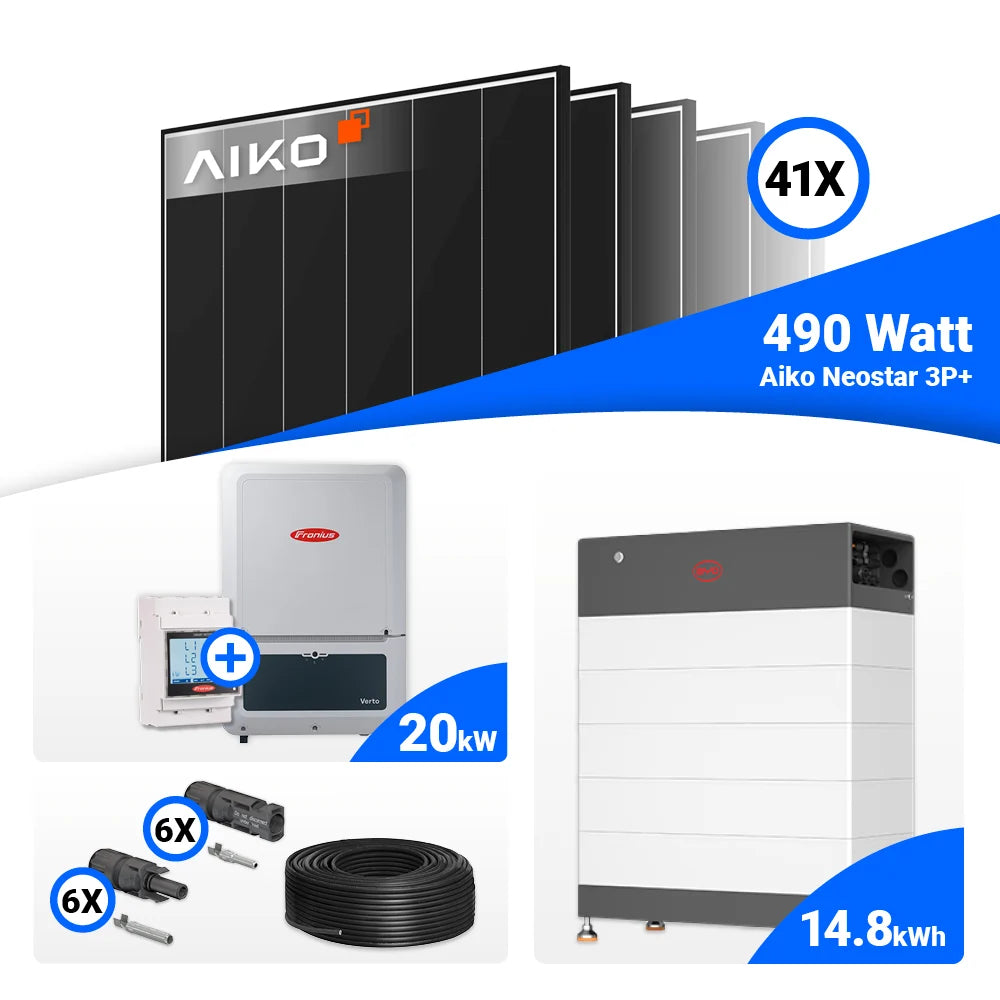 Solar Komplettset 20 kWp inklusive AIKO 490W Black Frame Modulen und Fronius Verto Plus 20.0