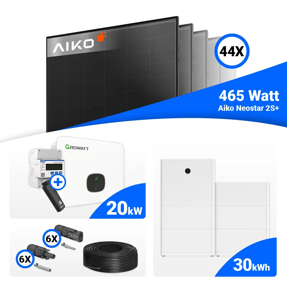 20 kWp Photovoltaik-Set mit 44 AIKO Neostar 2S+ 465W Full Black und Growatt MID20KTL3-XH 20kW Wechselrichter, Speicheroption.