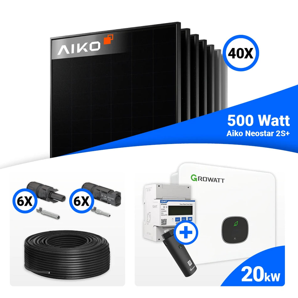 PV Komplettset 20 kWp – 40x AIKO 500W Full Black & Growatt MID20KTL3-XH mit Speicheroption