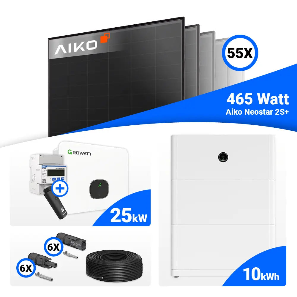 25 kWp PV-Set mit AIKO 465 Watt Full Black (55 Stück) und Growatt 25 kW Hybrid-Wechselrichter, vorbereitet für Batteriespeicher.