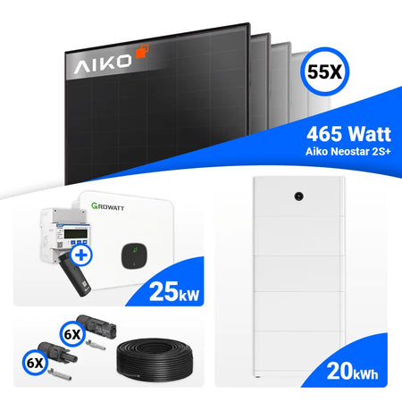 AIKO Full-Black PV-Komplettset 25 kWp: 55 Module à 465W mit Growatt MID25KTL3-XH Wechselrichter und optionaler Speicheranbindung.
