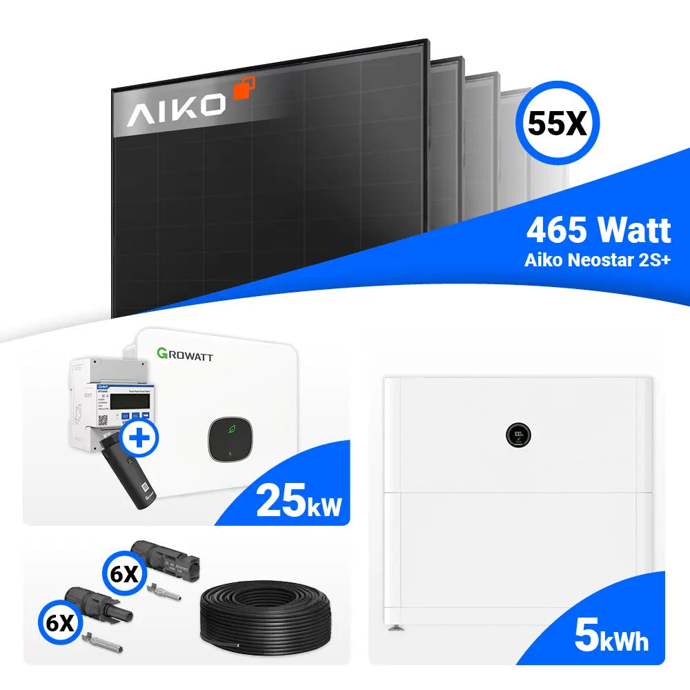 Solaranlagen-Set 25 kWp: 55 AIKO 465W Full-Black Module plus Growatt MID25KTL3-XH, inkl. Zubehör wie Kabel und MC4-Stecker.