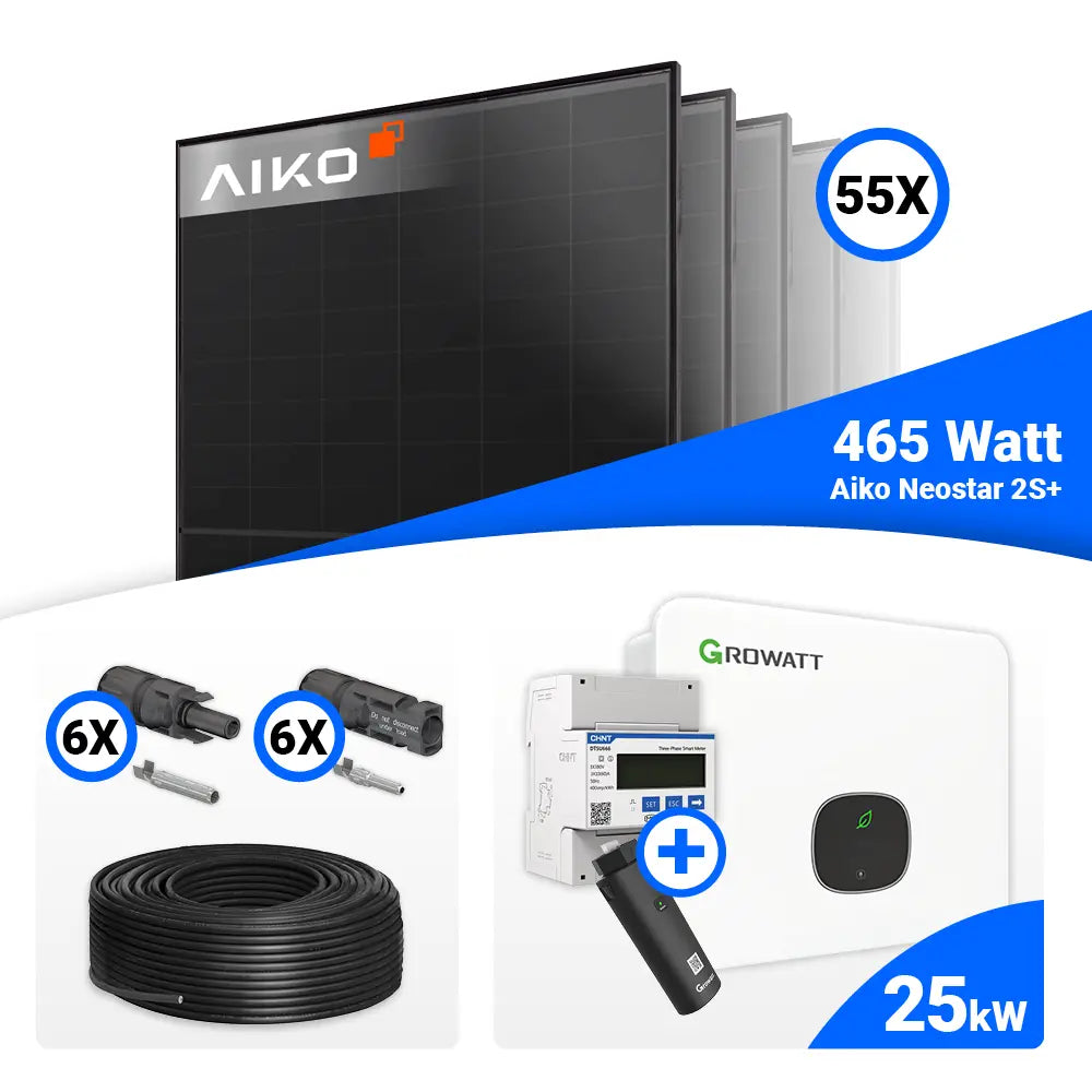 PV Komplettset 25 kWp mit 55x AIKO Neostar 2S+ 465W Full Black und Growatt MID25KTL3-XH 25 kW Wechselrichter, Speicheroption möglich.