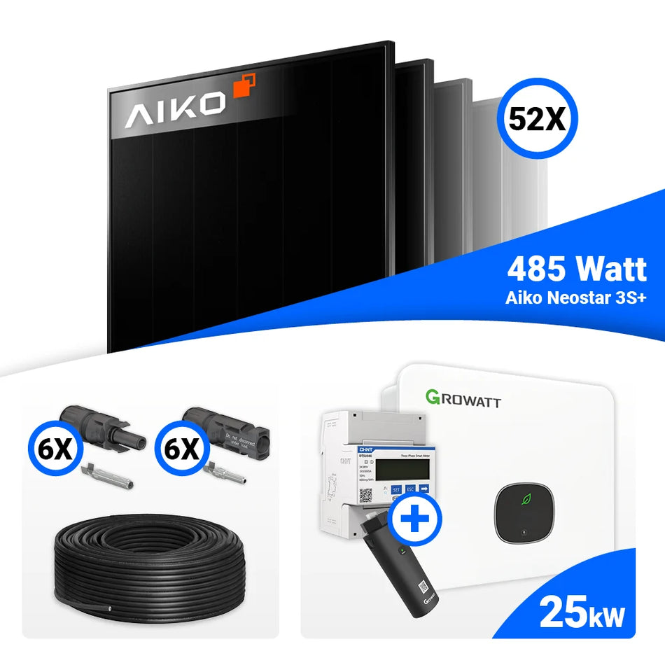 PV Komplettset 25 kWp – 52x AIKO 485W Full Black & Growatt MID25KTL3-XH mit Speicheroption