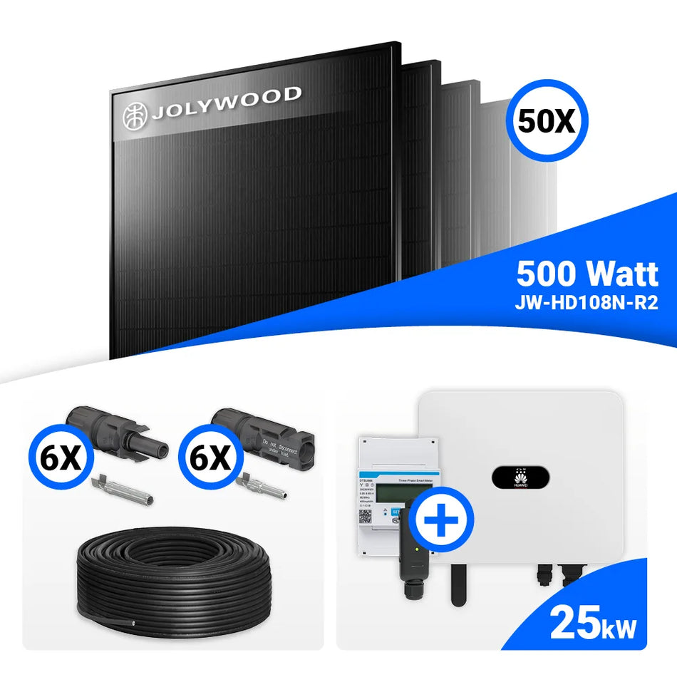 PV Komplettset 25 kWp – 50x Jolywood 500W Full Black  & Huawei SUN2000-25K-MB0 mit Speicheroption