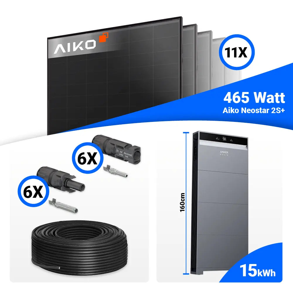 PV Komplettset 5 kWp mit 11 AIKO 465W Full Black Modulen und Anker X1-H5K-T, Speicher optional