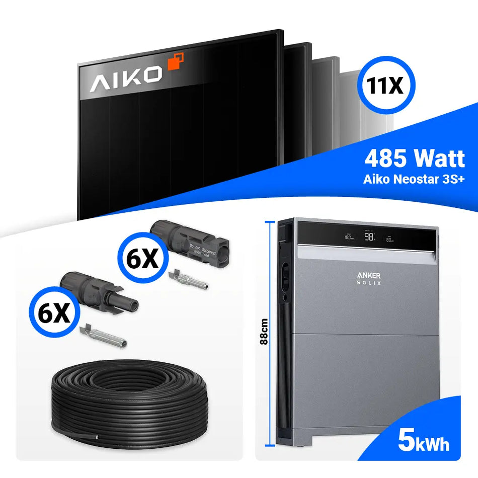PV Komplettset 5 kWp – 11x AIKO 485W Full Black & Anker X1-H5K-T mit Speicheroption
