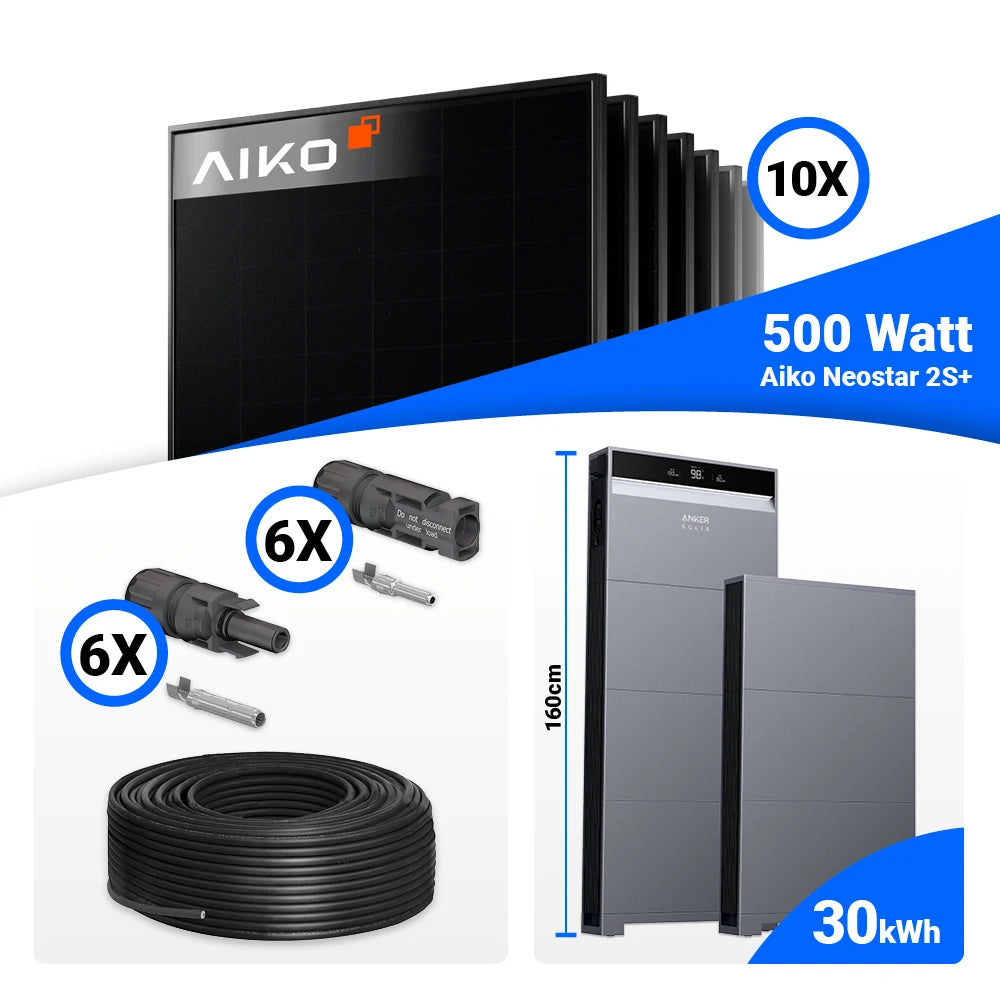 5 kWp PV Komplettset für maximale Autarkie mit 10x AIKO 500W, Anker X1-H5K-T und 30 kWh Speicherblock