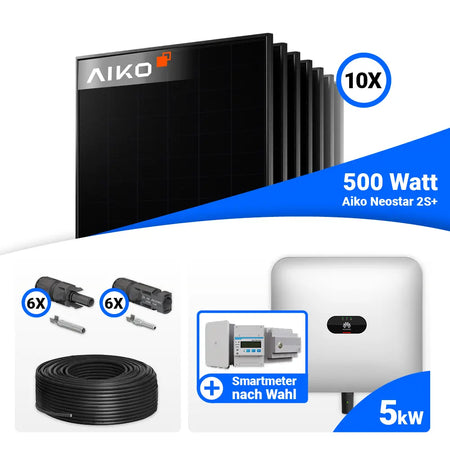 PV Komplettset 5 kWp mit AIKO 500W Full Black Huawei SUN2000 und 3 Smart Meter Optionen