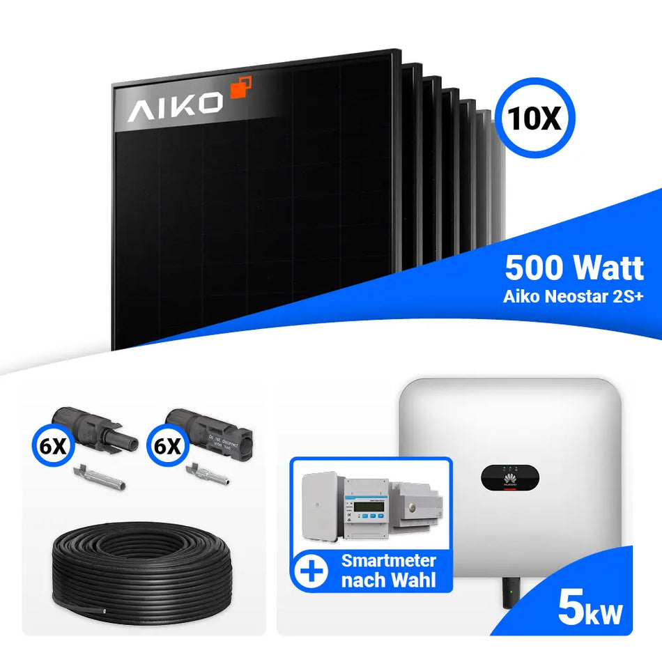PV Komplettset 5 kWp mit AIKO 500W Full Black Huawei SUN2000 und 3 Smart Meter Optionen