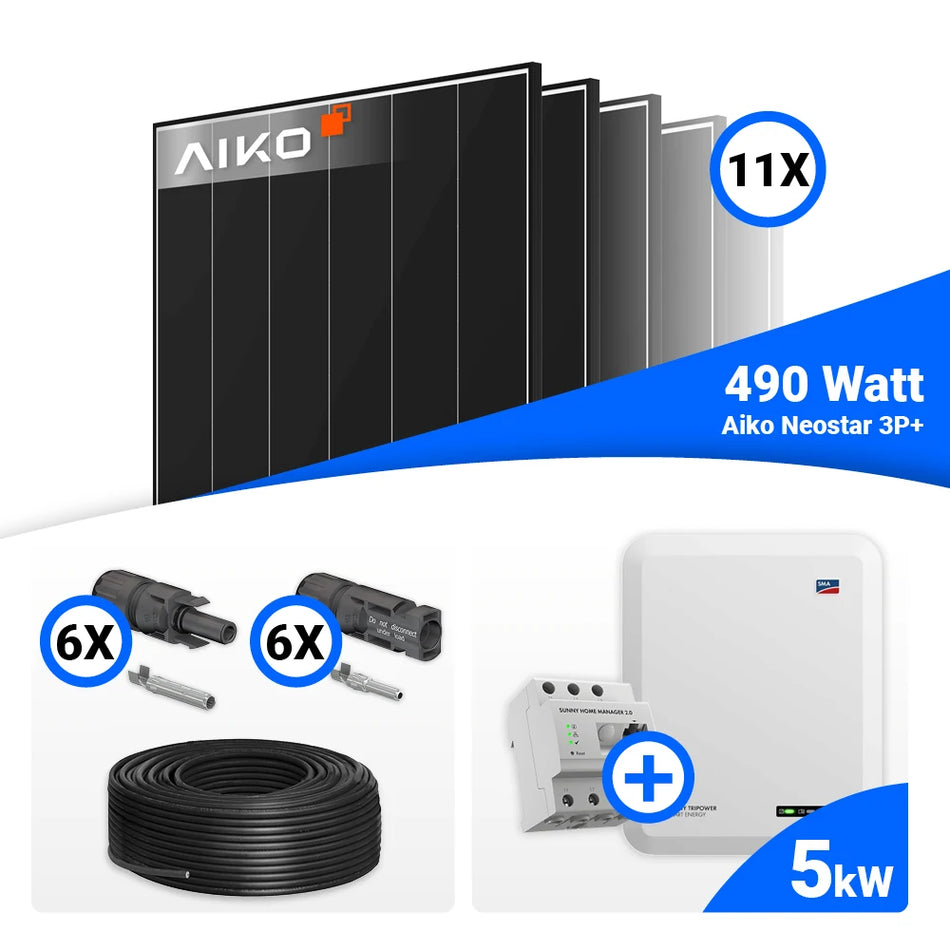 PV Komplettset 5 kWp – 11x AIKO 490W Black Frame & SMA STP5.0-3SE-40 mit Speicheroption