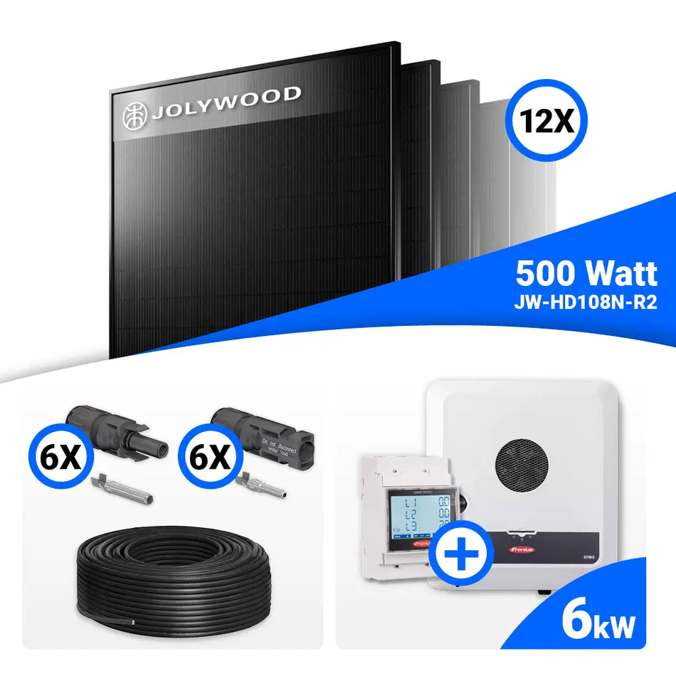 PV Komplettset 6 kWp – 12x Jolywood 500W Full Black & Fronius SYMO-GEN24 6.0 Plus mit Speicheroption