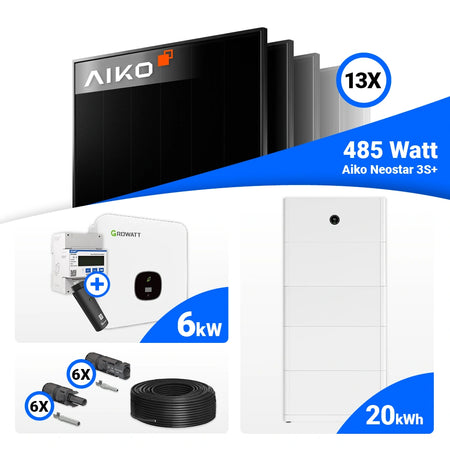 Lieferumfang 6 kWp Solaranlage: AIKO Module, Growatt System und Speicher