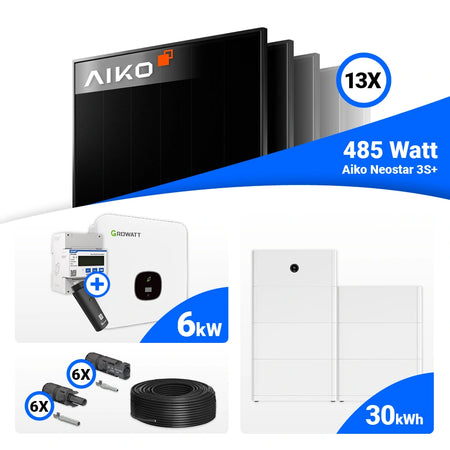 PV-Komplettset 6 kWp mit 13x AIKO 485W Full Black und Growatt MOD 6000TL3-XH BP 30 kwh