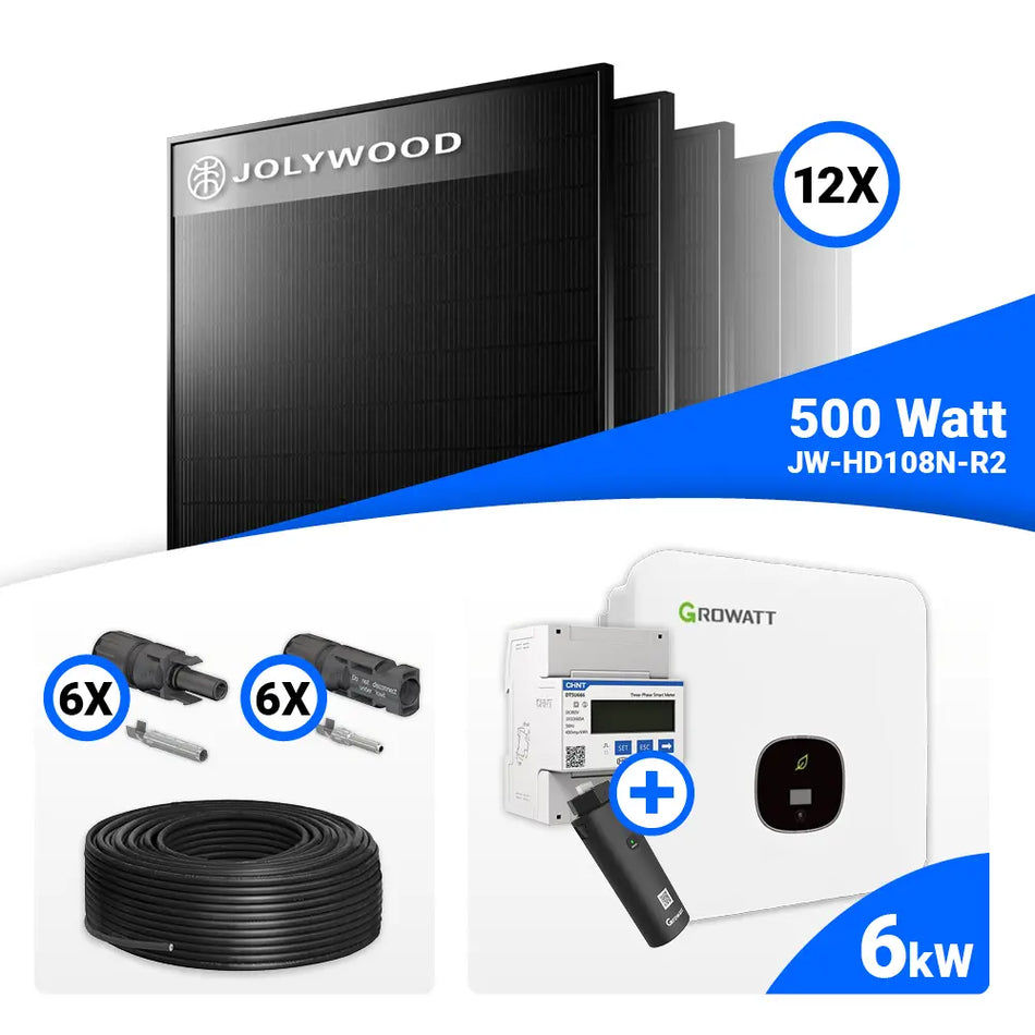 PV Komplettset  6kWp – 12x Jolywood 500W Full Black & Growatt MOD 6000TL3-XH BP mit Speicheroption