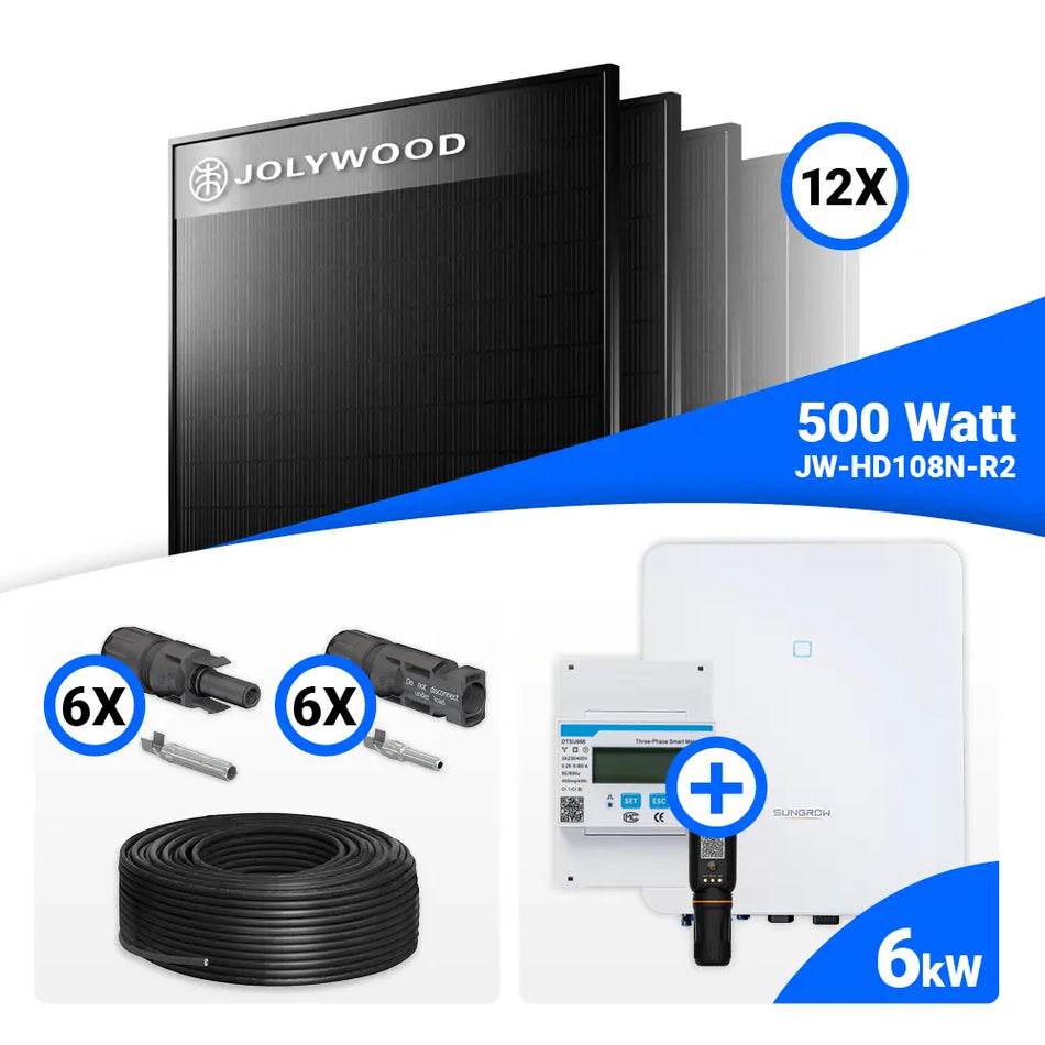 PV Komplettset 6 kWp – 12x Jolywood 500W Full Black & Sungrow SH6.0RT mit Speicheroption