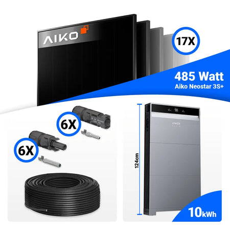 Photovoltaik Komplettset 8 kWp mit AIKO 485W Full Black Solarmodulen, Anker X1-H8K-T und 10 kWh Batteriespeicher.