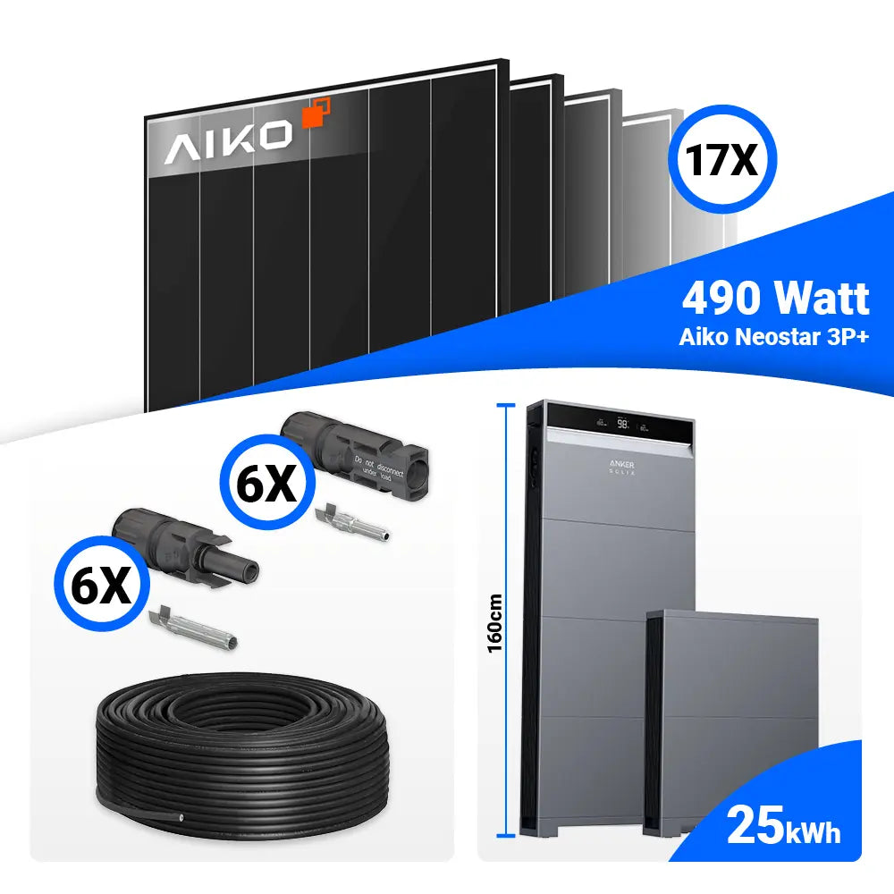 Photovoltaik Set 8 kWp mit 17 AIKO 490W Black Frame und Anker X1-H8K-T Hybridwechselrichter
