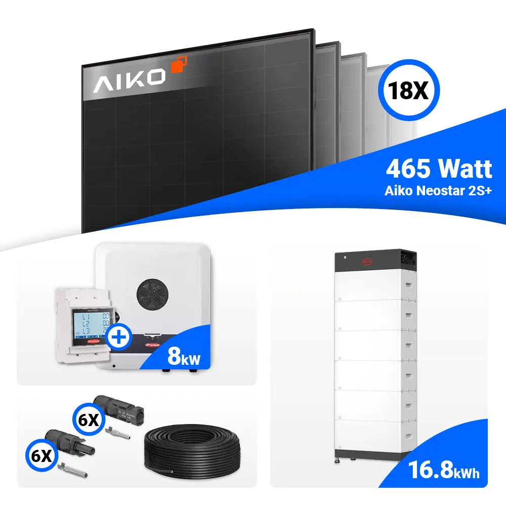 Photovoltaik Komplettset 8 kWp AIKO 465W Full Black + Fronius SYMO GEN24 8.0 Plus mit Batteriespeicher Option