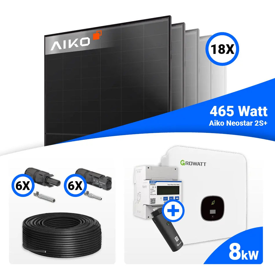 PV Komplettset 8 kWp mit 18x AIKO Neostar 2S+ 465W Full Black Solarmodulen und Growatt MOD 8000TL3-XH BP Wechselrichter, Speicheroption möglich.