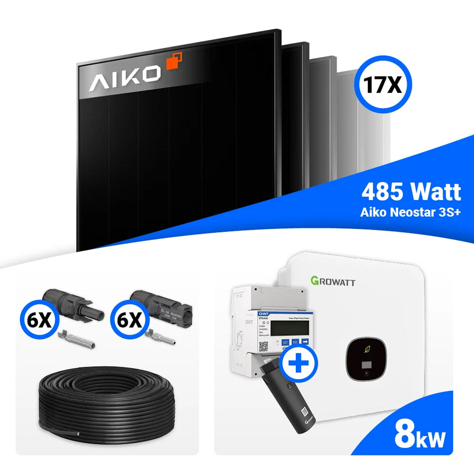 PV Komplettset  8kWp – 17x AIKO 485W Full Black & Growatt MOD 8000TL3-XH BP mit Speicheroption