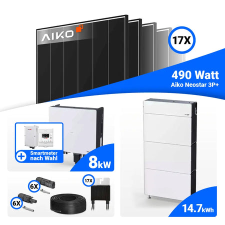 PV Komplettset 8 kWp AIKO 490W Black Frame & SolarEdge Nexis Battery Stack 15