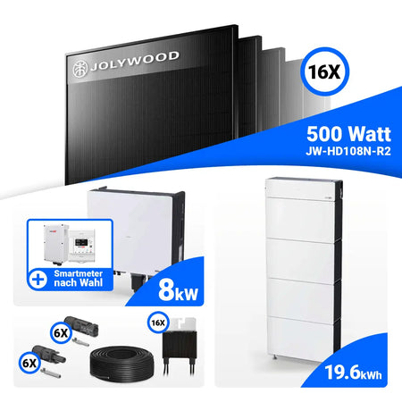 PV Komplettset 8 kWp Jolywood 500W Full Black & SolarEdge Nexis Battery Stack 20