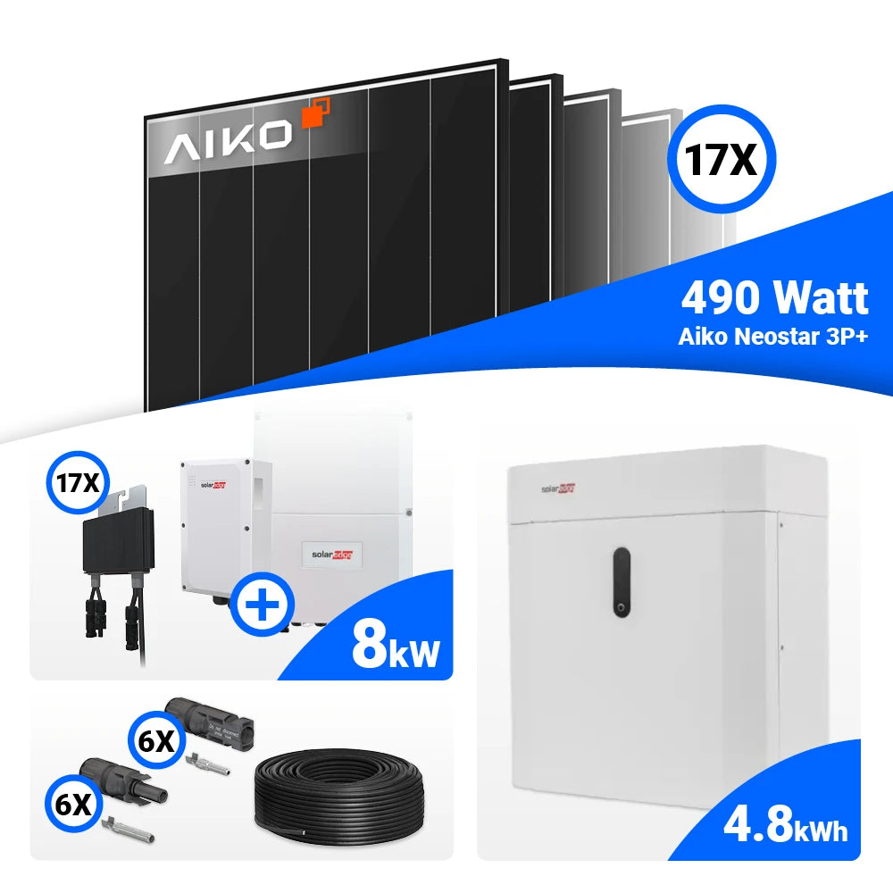 8 kWp Photovoltaik Komplettanlage fürs Hausdach: 17 AIKO 490W Black Frame + SolarEdge SE8K – Batteriespeicher nachrüstbar