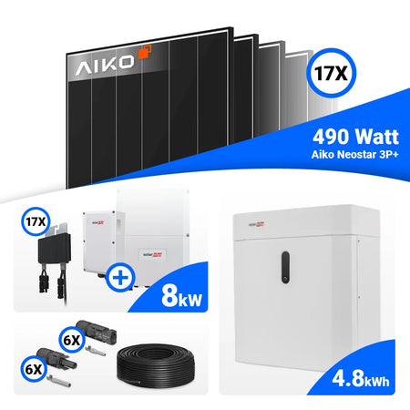 8 kWp Photovoltaik Komplettanlage fürs Hausdach: 17 AIKO 490W Black Frame + SolarEdge SE8K – Batteriespeicher nachrüstbar