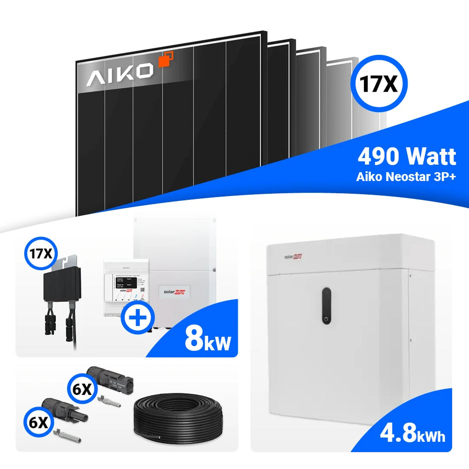 PV Komplettset 8 kWp mit 17x AIKO 490W Black Frame Modulen & SolarEdge SE8K Wechselrichter – Speicher optional